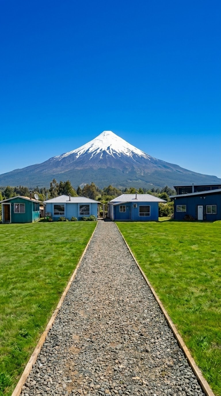 Vista panorámica de las cabañas Berolav en Puerto Montt, con el volcán al fondo